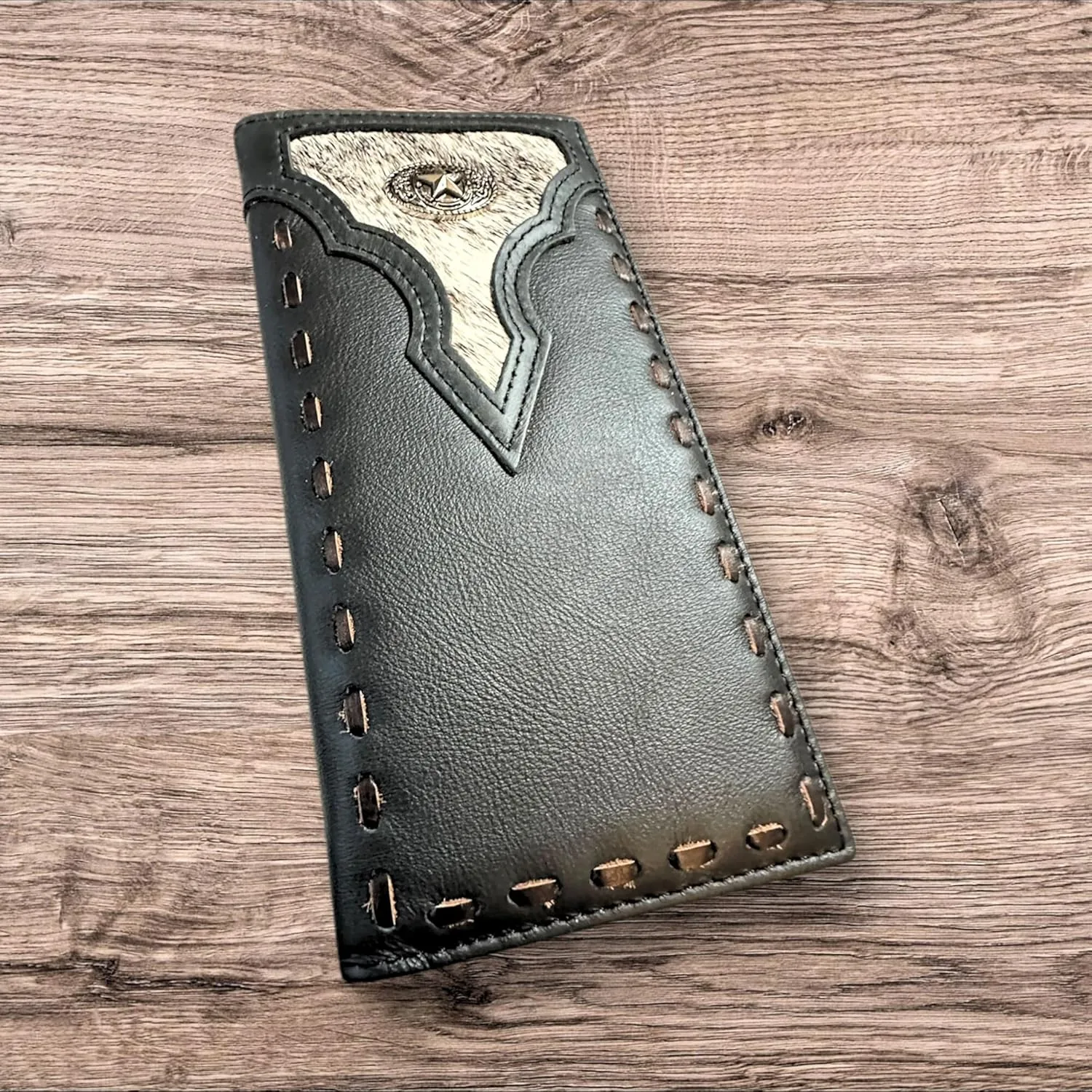 Leather Long Wallet Cowhair Horseshoe Lone Star Cowhide Stitched Bi Fold Checkbook Style Hand Crafted High End Smooth Leather Mens Wallets Leather Gifts For Men (Black)