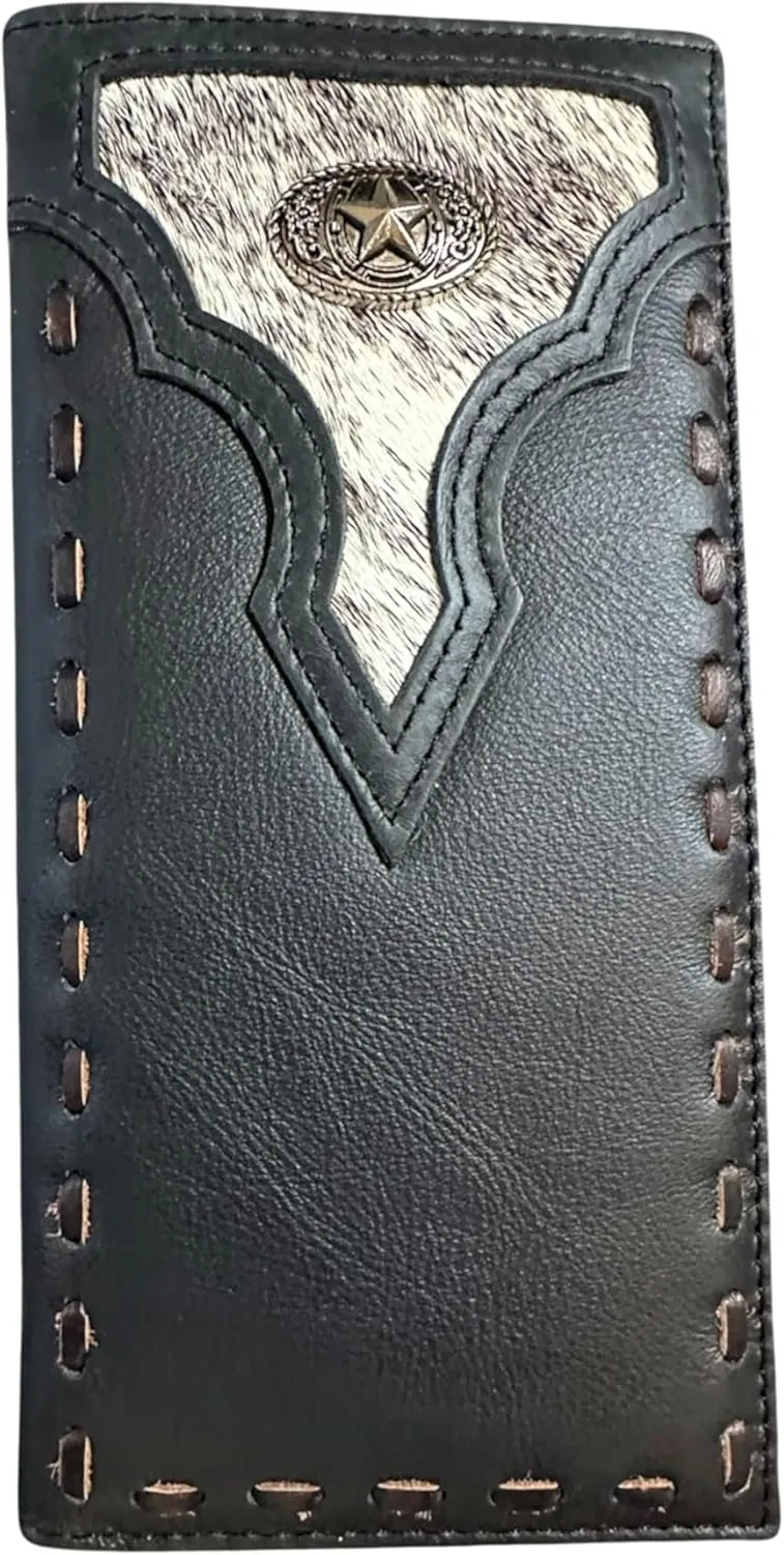 Leather Long Wallet Cowhair Horseshoe Lone Star Cowhide Stitched Bi Fold Checkbook Style Hand Crafted High End Smooth Leather Mens Wallets Leather Gifts For Men (Black)