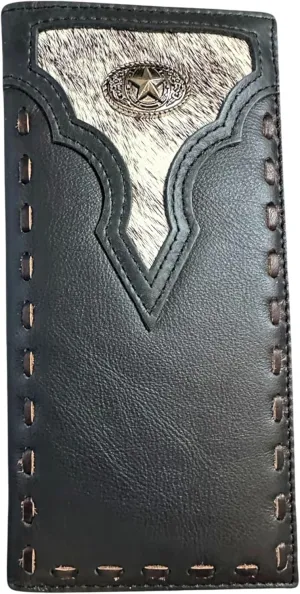 Leather Long Wallet Cowhair Horseshoe Lone Star Cowhide Stitched Bi Fold Checkbook Style Hand Crafted High End Smooth Leather Mens Wallets Leather Gifts For Men (Black)