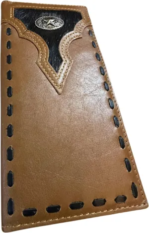 Leather Long Wallet Cowhair Horseshoe Lone Star Cowhide Stitched Bi Fold Checkbook Style Hand Crafted High End Smooth Leather Mens Wallets Leather Gifts For Men (Brown)