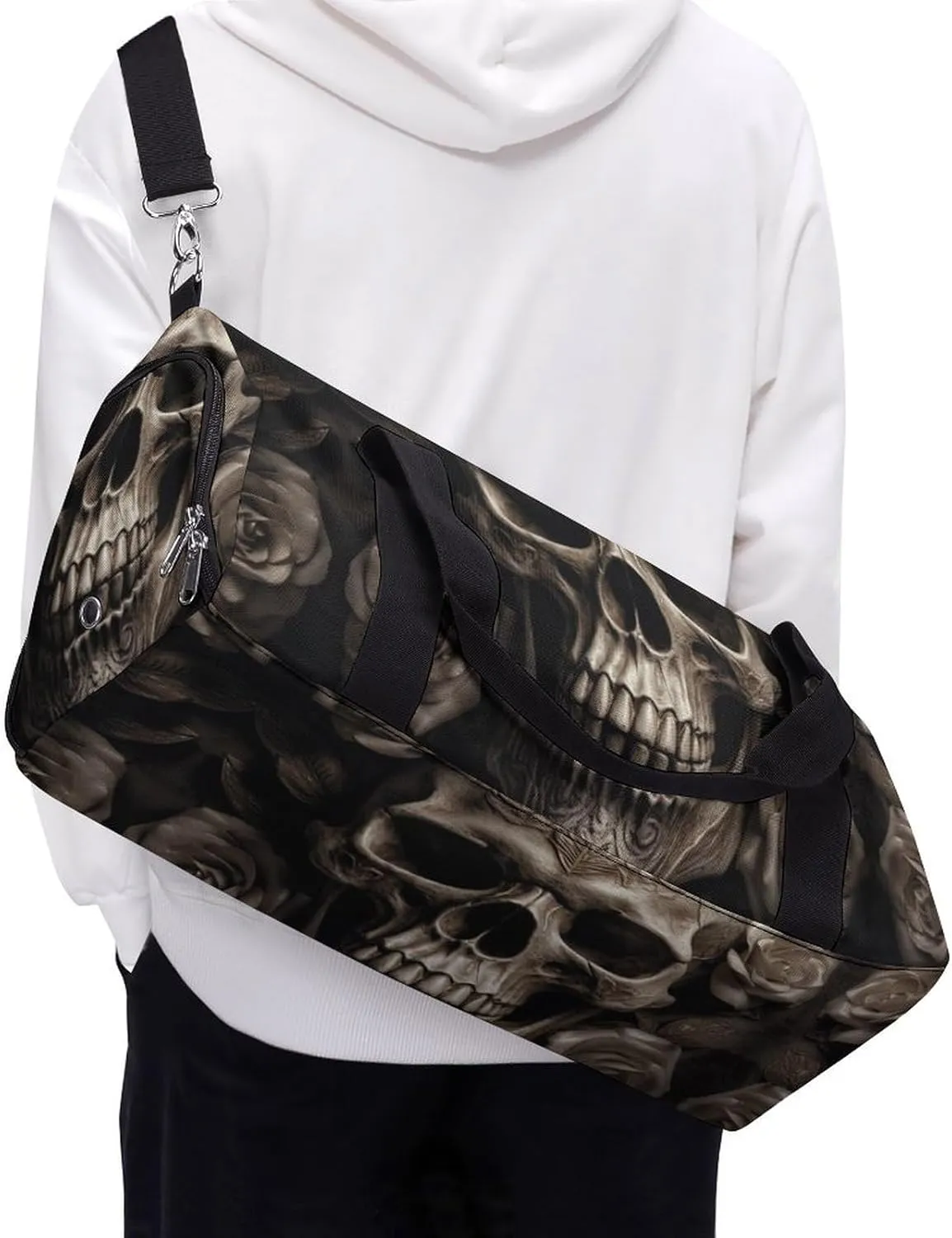 Leather Rose Skull Sports Gym Bag Carry on Holdalls for Men Small Duffel Bags for Women with Shoe Compartment
