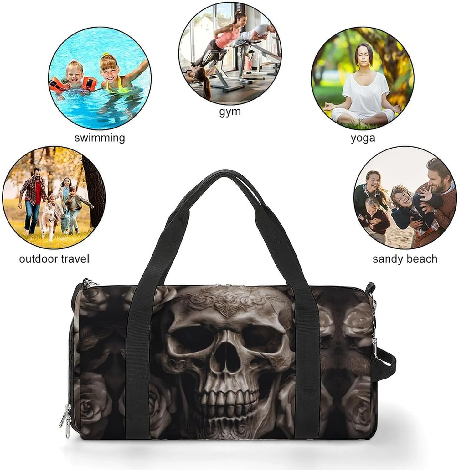 Leather Rose Skull Sports Gym Bag Carry on Holdalls for Men Small Duffel Bags for Women with Shoe Compartment