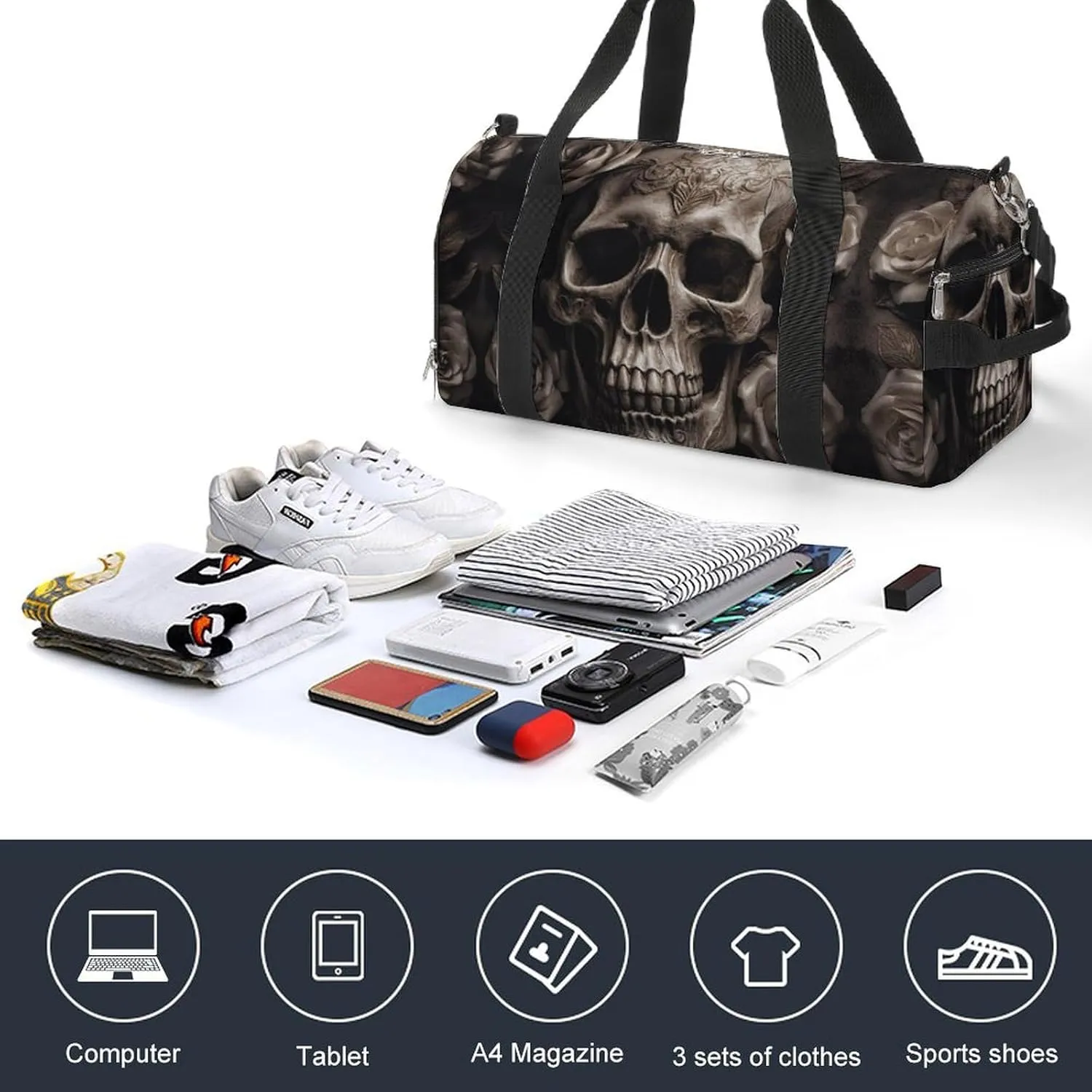 Leather Rose Skull Sports Gym Bag Carry on Holdalls for Men Small Duffel Bags for Women with Shoe Compartment