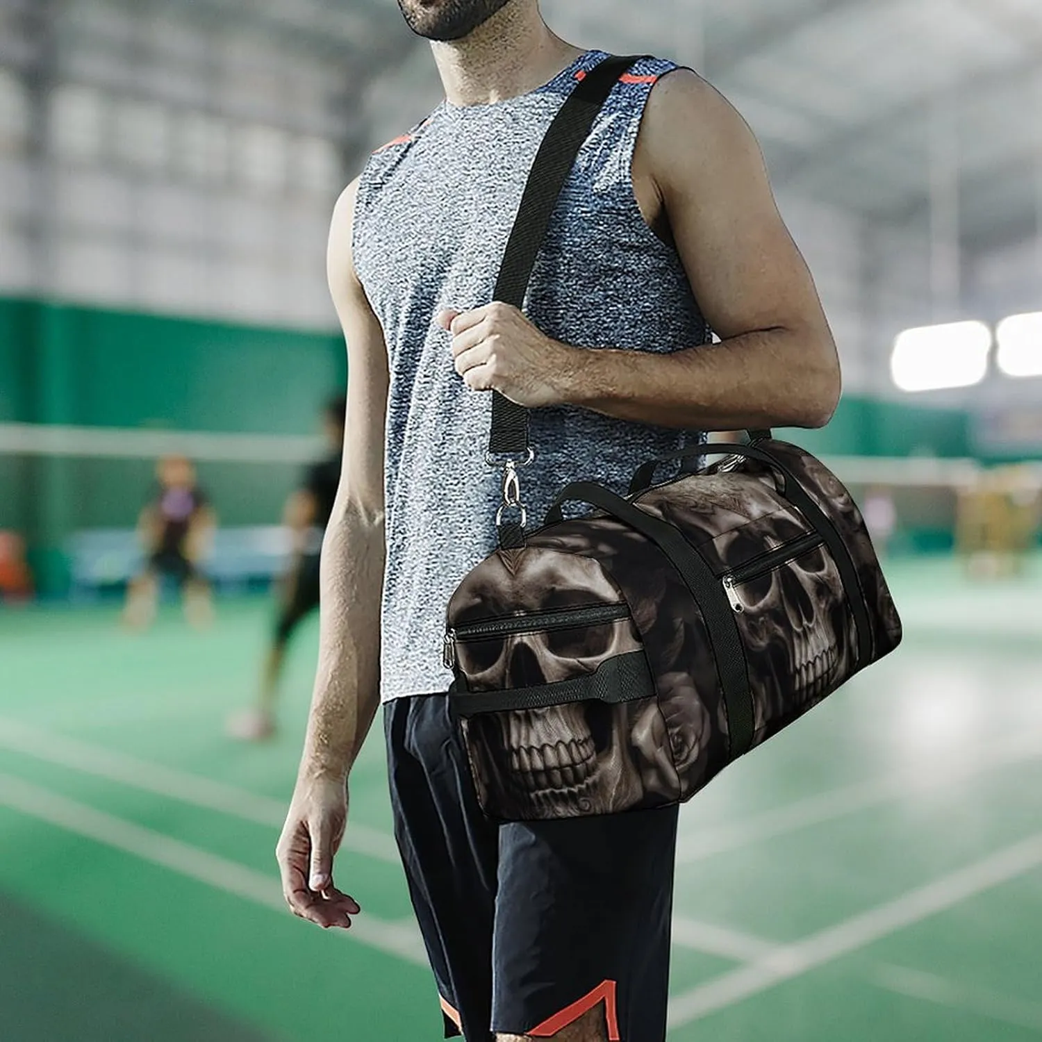 Leather Rose Skull Sports Gym Bag Carry on Holdalls for Men Small Duffel Bags for Women with Shoe Compartment