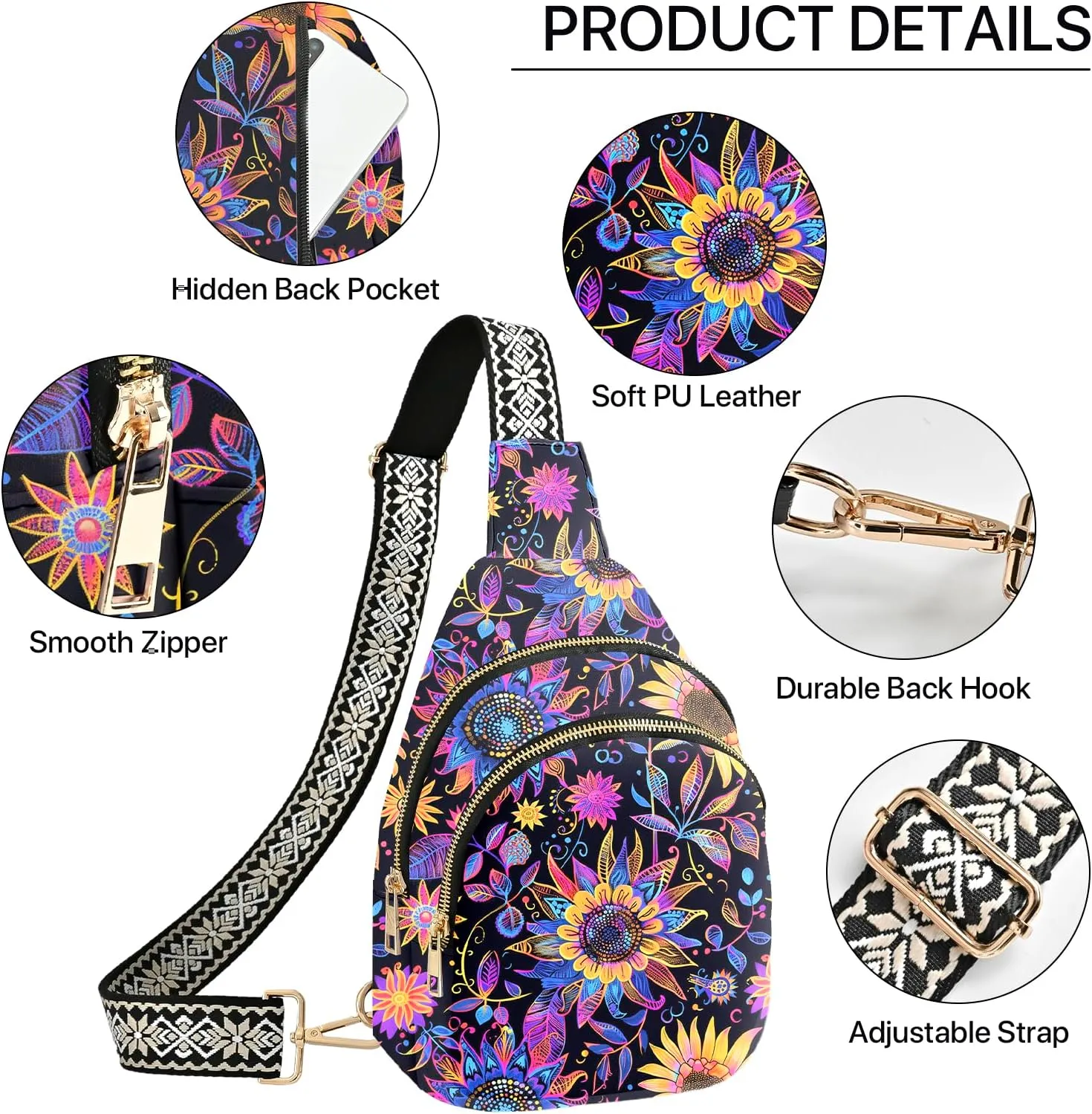 Leather Sling Bag Small Crossbody Backpack Travel Shoulder Pack Hiking Adjustable Chest Daypack for Women