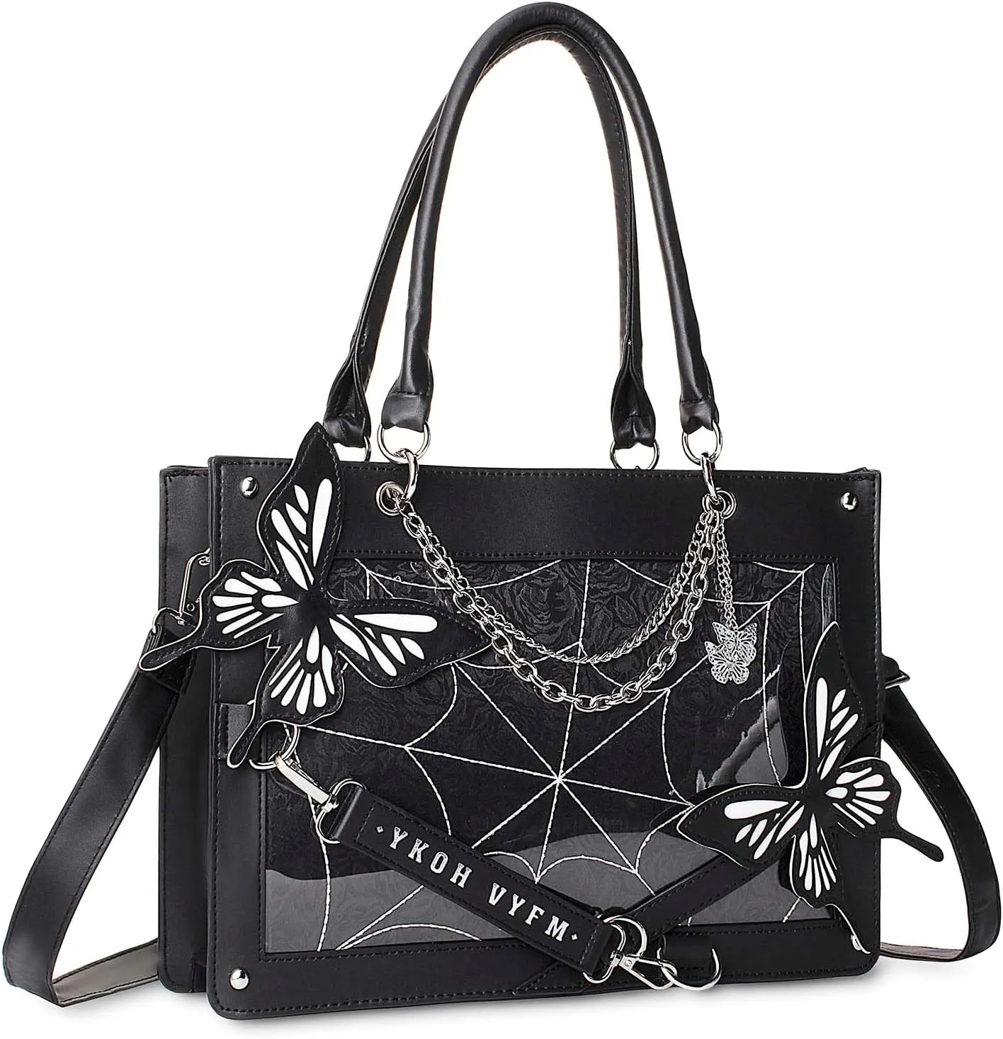 Leather Tote Bag for Women, Goth Glam Satchel Bag Large Top Handle Handbags for Lady Purse - Cobwebs Butterfly