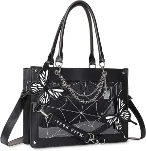 Leather Tote Bag for Women, Goth Glam Satchel Bag Large Top Handle Handbags for Lady Purse - Cobwebs Butterfly
