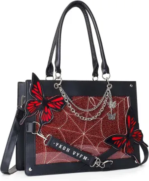 Leather Tote Bag for Women, Goth Glam Satchel Bag Large Top Handle Handbags for Lady Purse - Cobwebs Butterfly