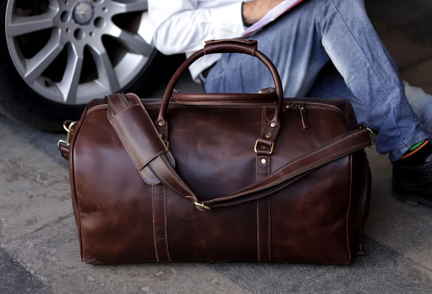 Leather Travel Bag,Weekender Overnight Bag Leather Large Carry On Bag Travel Tote Duffel Bag for Men & Women (Dark Brown)
