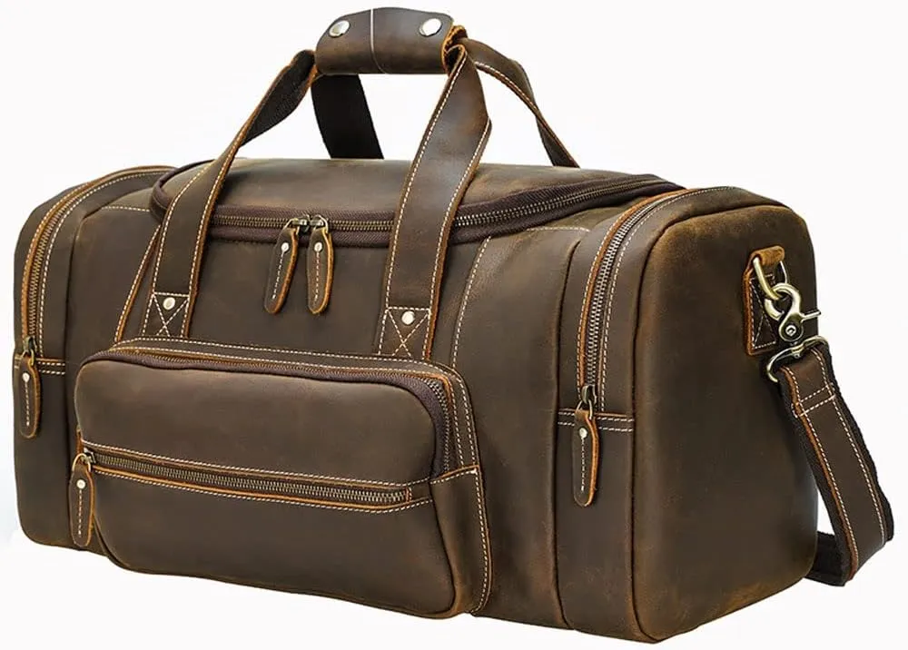 Leather Travel Duffel Bag, Large Carry on Bag Waterproof Weekender Overnight Bag for Men Women, Brown