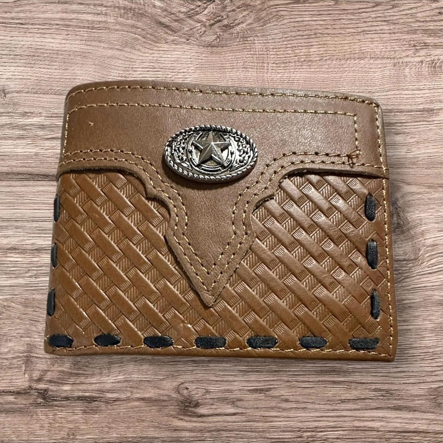 Leather Wallet Basketwave Cowboy Horseshoe Lone Star Concho Cowhide Stitched Bi Fold Checkbook Style Hand Crafted High End Smooth Leather Mens Wallets Leather Gifts For Men (Brown)