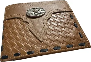 Leather Wallet Basketwave Cowboy Horseshoe Lone Star Concho Cowhide Stitched Bi Fold Checkbook Style Hand Crafted High End Smooth Leather Mens Wallets Leather Gifts For Men (Brown)