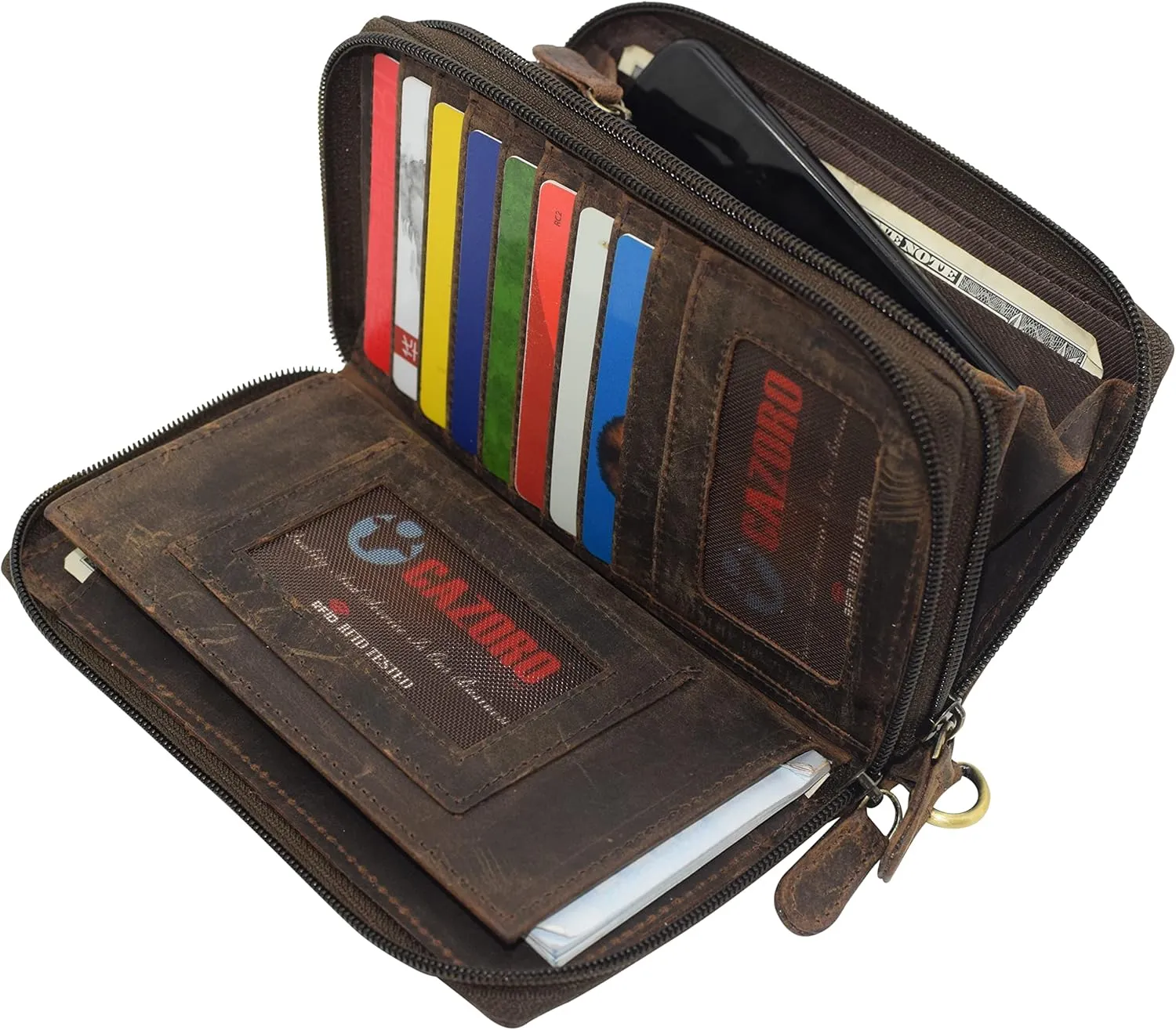 Leather Wallets for Women RFID Blocking Double Zip Around Credit Card Holder Phone Clutch (Vintage Brown)