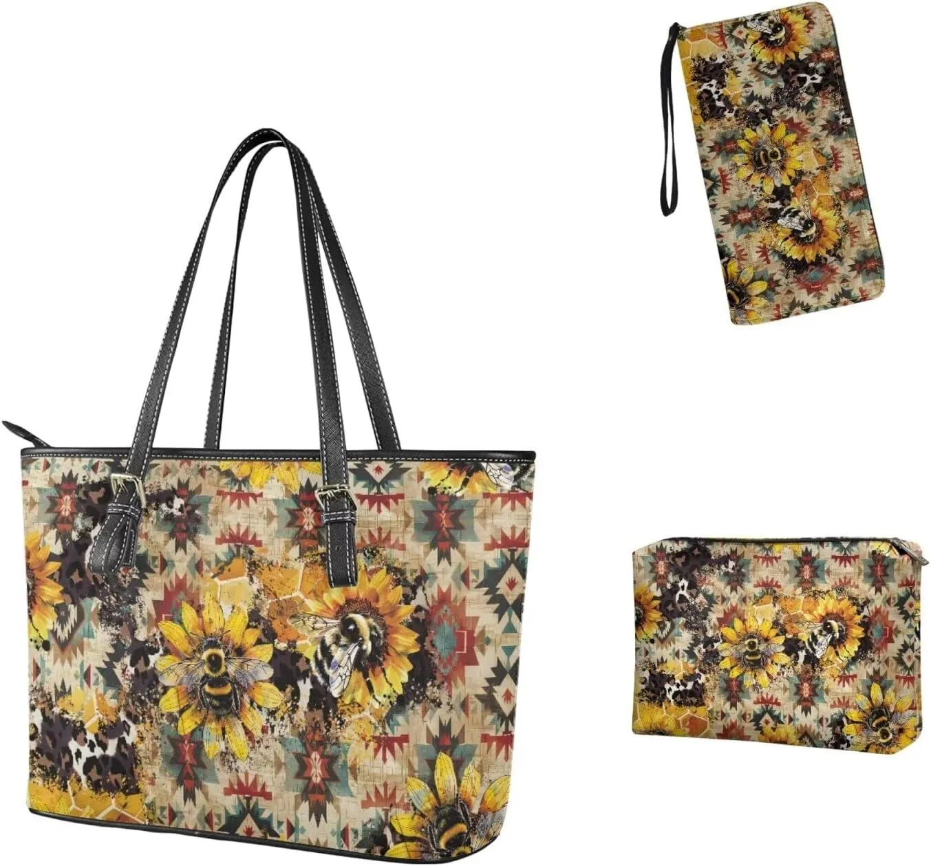 Leather Work Bag for Women Tote Bags with Clutch Makeup Travel Bag and Long Wallet 3 Piece Set