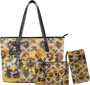 Leather Work Bag for Women Tote Bags with Clutch Makeup Travel Bag and Long Wallet 3 Piece Set