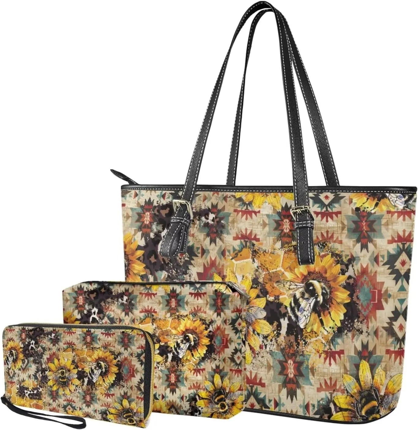 Leather Work Bag for Women Tote Bags with Clutch Makeup Travel Bag and Long Wallet 3 Piece Set