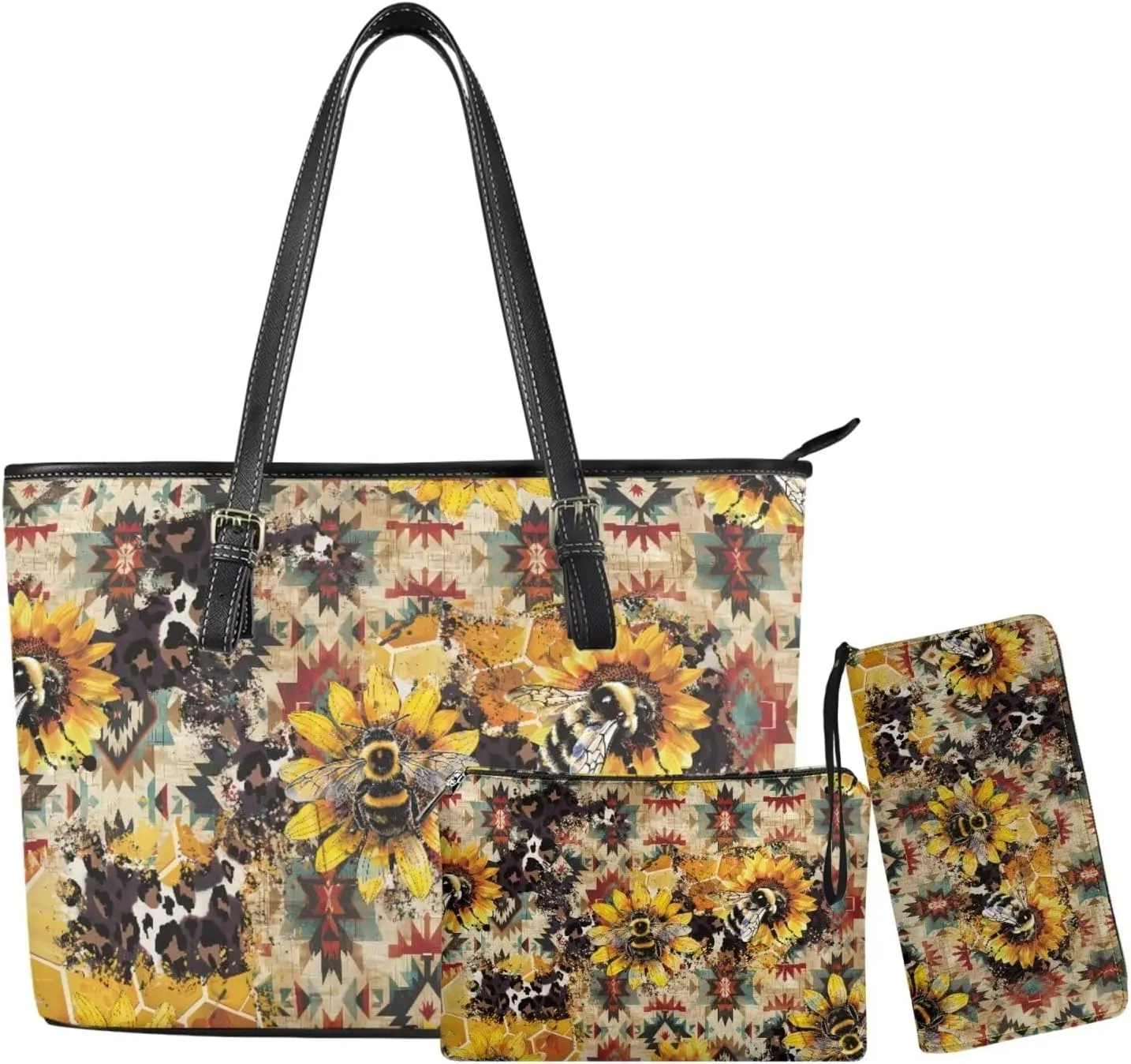 Leather Work Bag for Women Tote Bags with Clutch Makeup Travel Bag and Long Wallet 3 Piece Set