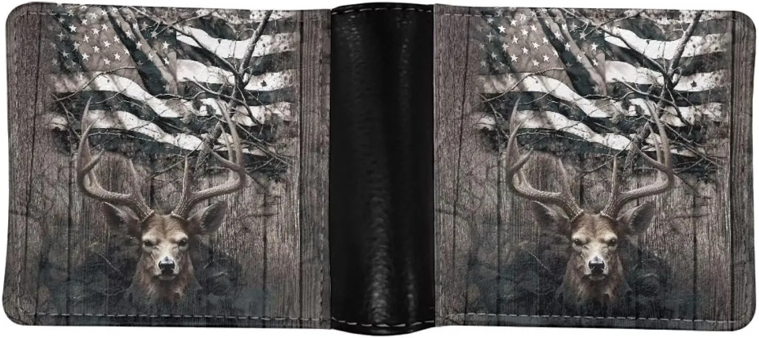 LedBack American Flag Stag Deer Wallet Leather Purse for Men Womens Clutch Boys Wallets Pouch with Credit Card Slots Gifts