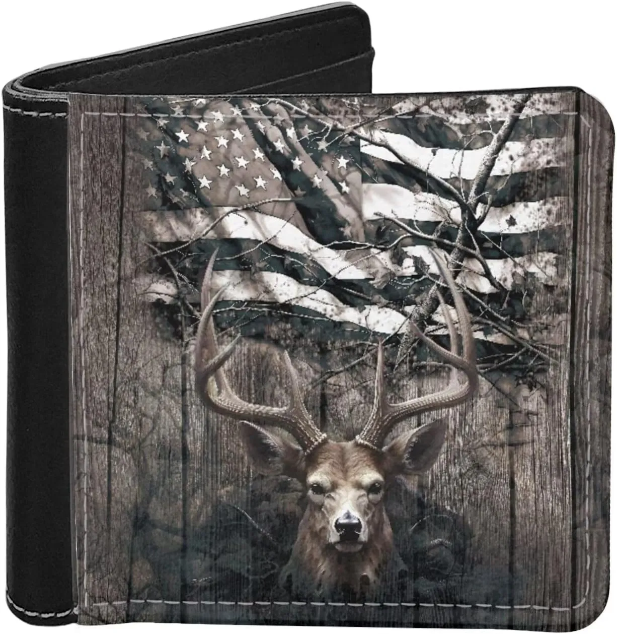 LedBack American Flag Stag Deer Wallet Leather Purse for Men Womens Clutch Boys Wallets Pouch with Credit Card Slots Gifts