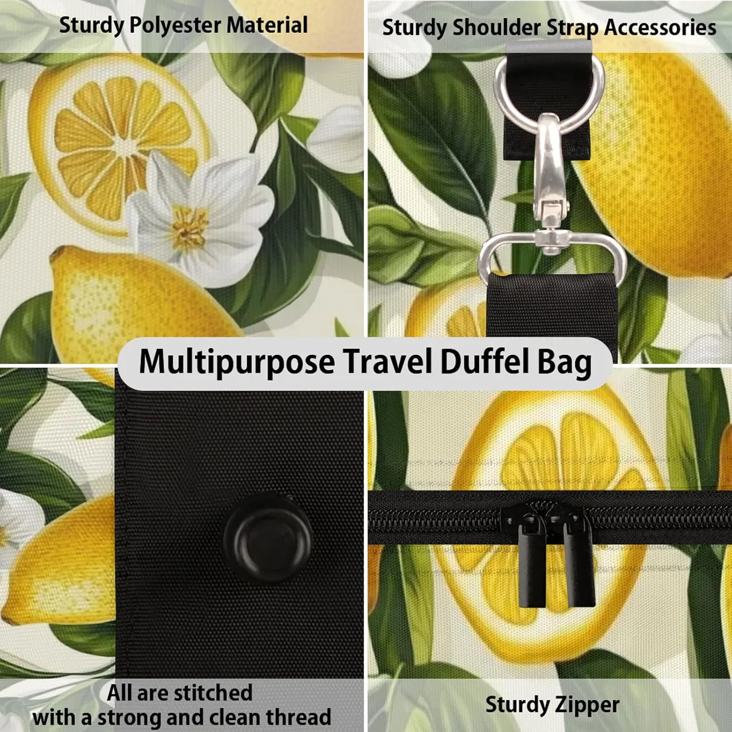 Lemon Duffle Bag for Travel, Overnight Weekend Gym Carry On Luggage Bag, Fruits Leaves Travel Duffel Bag for Men Women