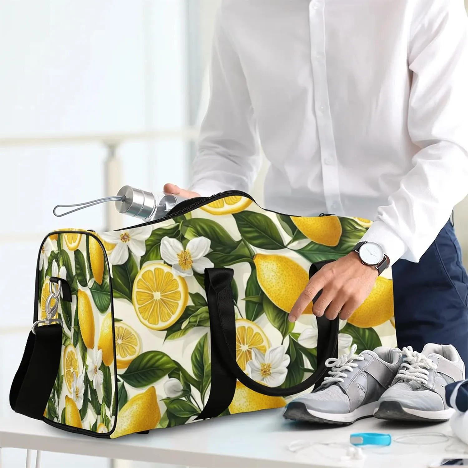 Lemon Duffle Bag for Travel, Overnight Weekend Gym Carry On Luggage Bag, Fruits Leaves Travel Duffel Bag for Men Women