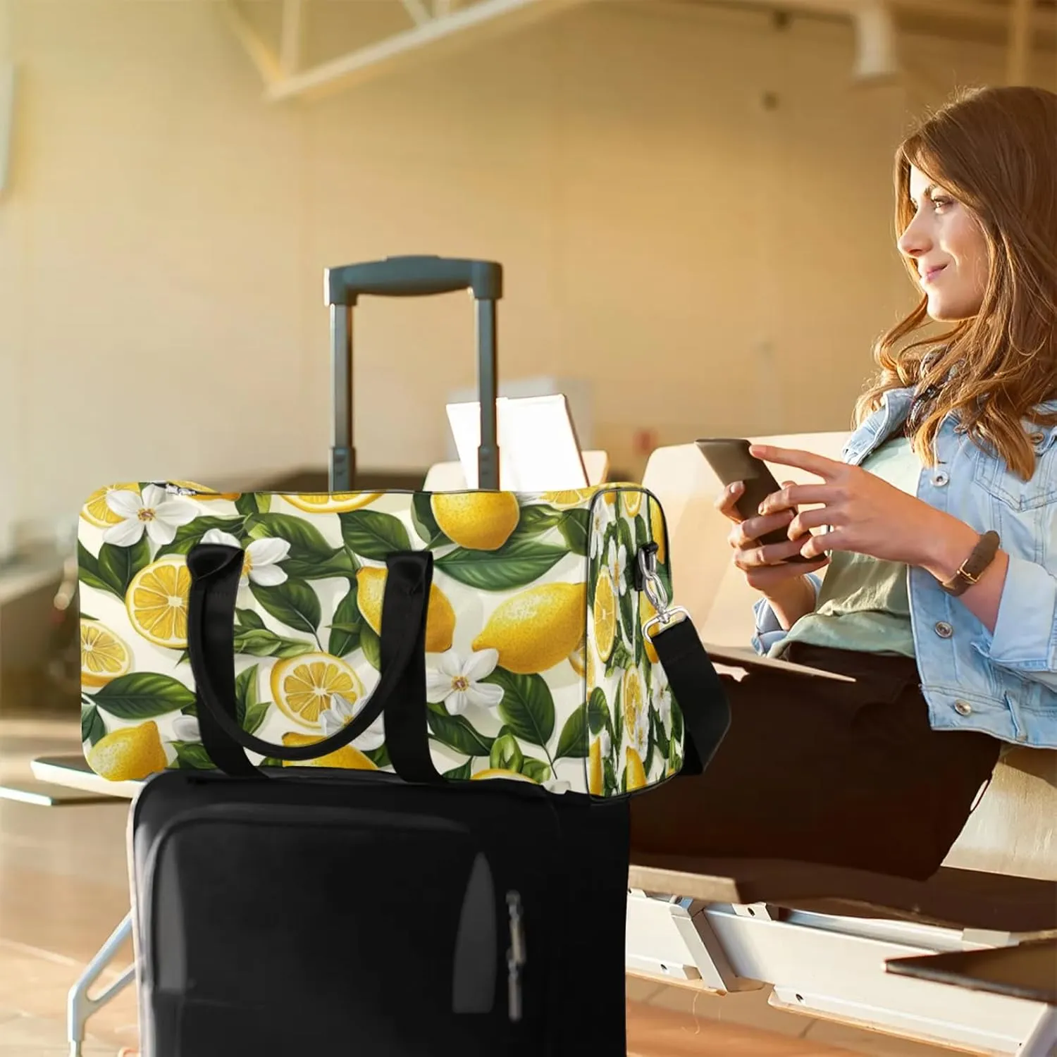 Lemon Duffle Bag for Travel, Overnight Weekend Gym Carry On Luggage Bag, Fruits Leaves Travel Duffel Bag for Men Women