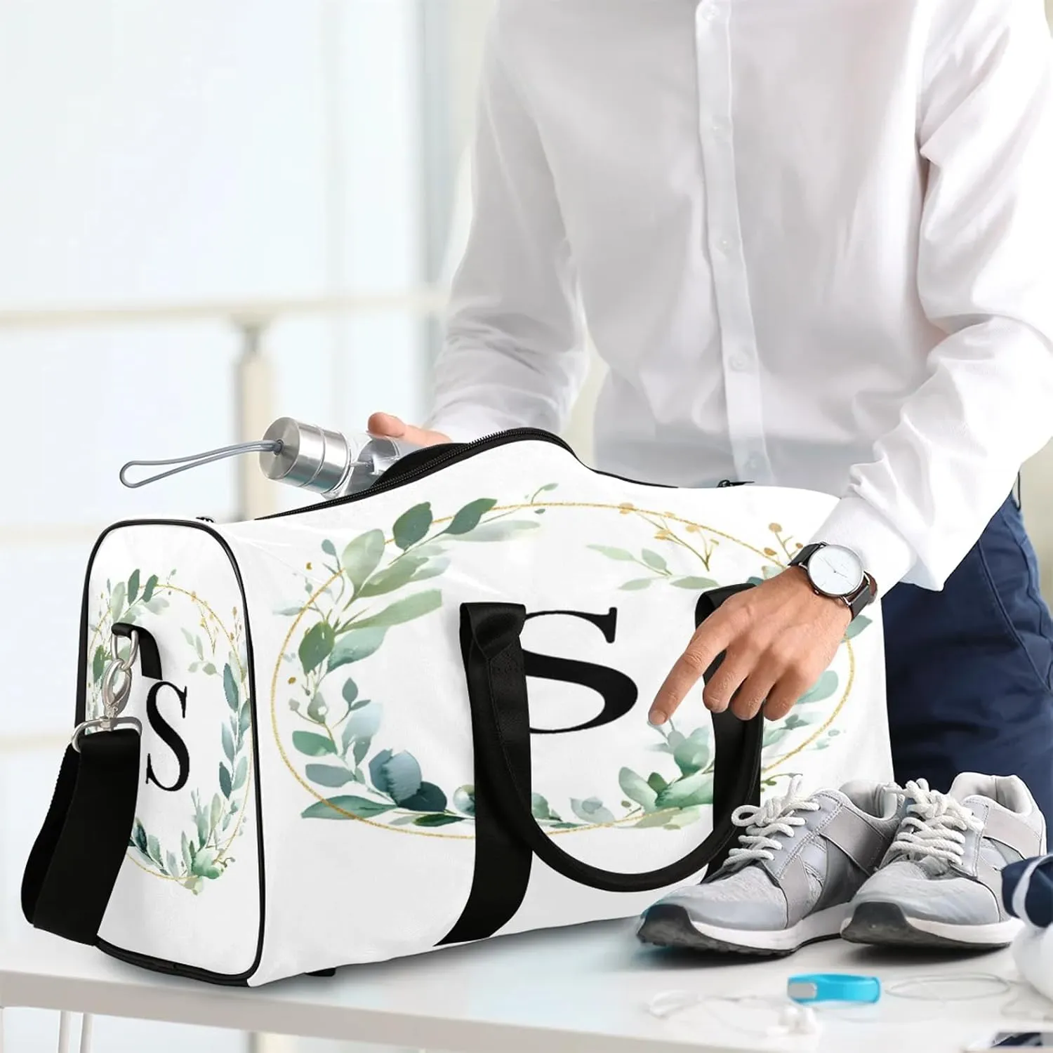 Letter S Duffle Bag for Travel, Overnight Weekend Gym Carry On Luggage Bag, Natural Floral Design Travel Duffel Bag for Men Women