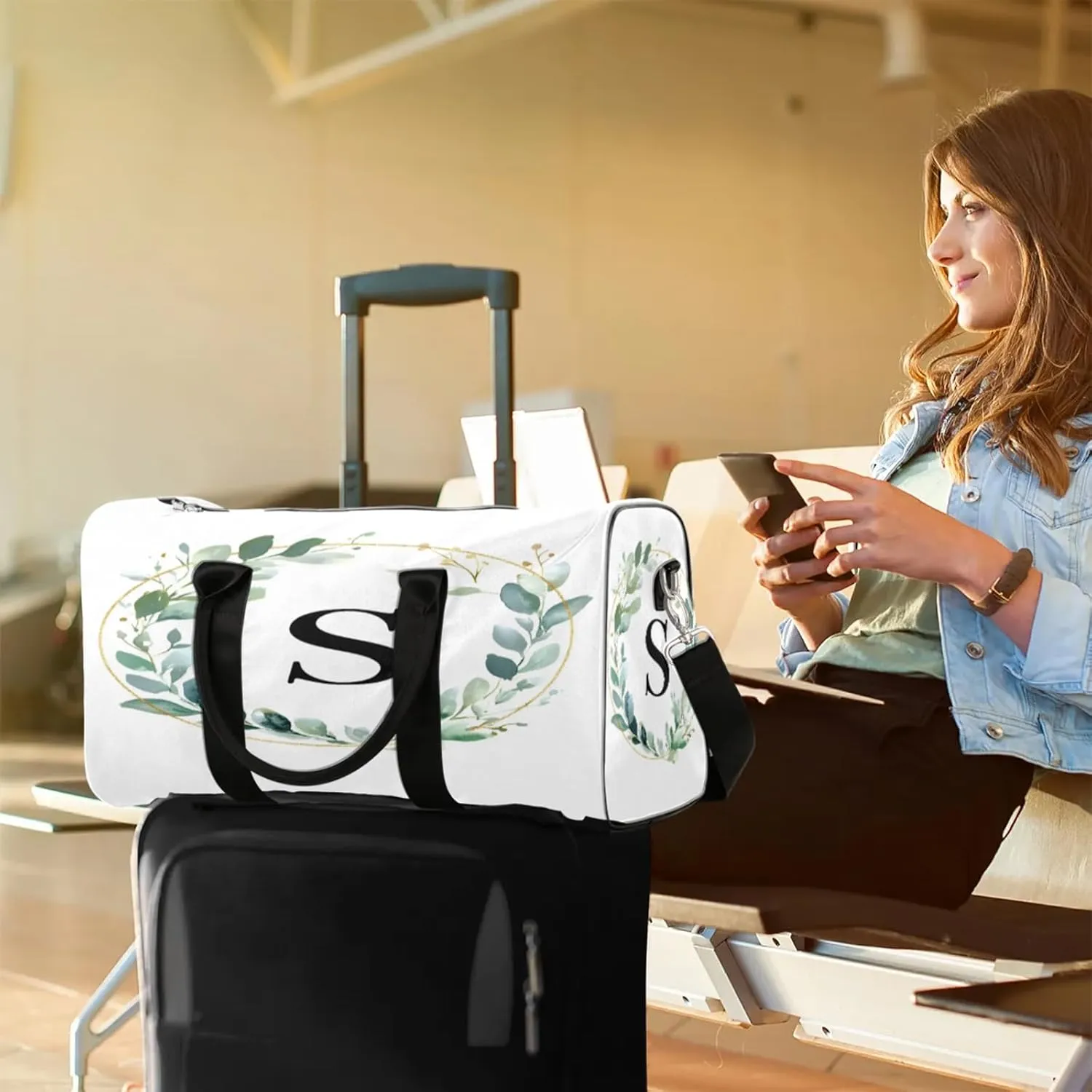 Letter S Duffle Bag for Travel, Overnight Weekend Gym Carry On Luggage Bag, Natural Floral Design Travel Duffel Bag for Men Women
