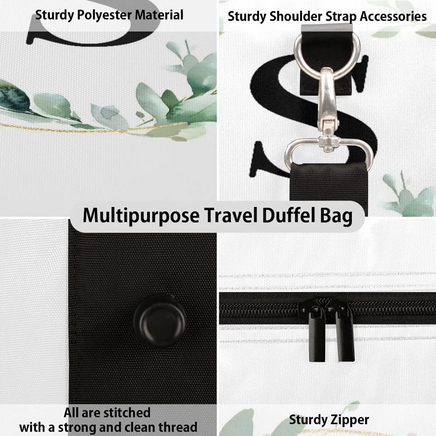 Letter S Duffle Bag for Travel, Overnight Weekend Gym Carry On Luggage Bag, Natural Floral Design Travel Duffel Bag for Men Women