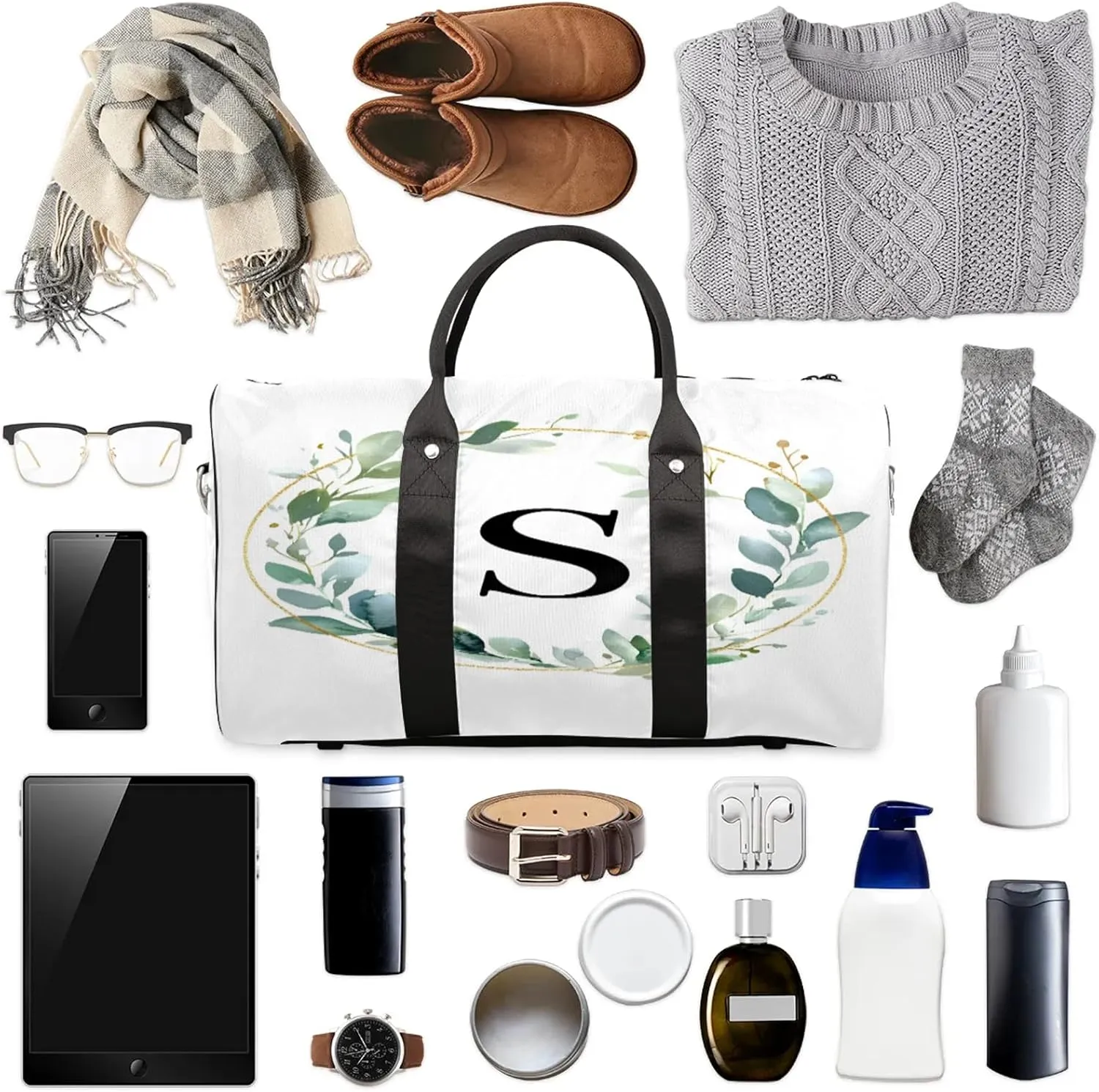 Letter S Duffle Bag for Travel, Overnight Weekend Gym Carry On Luggage Bag, Natural Floral Design Travel Duffel Bag for Men Women