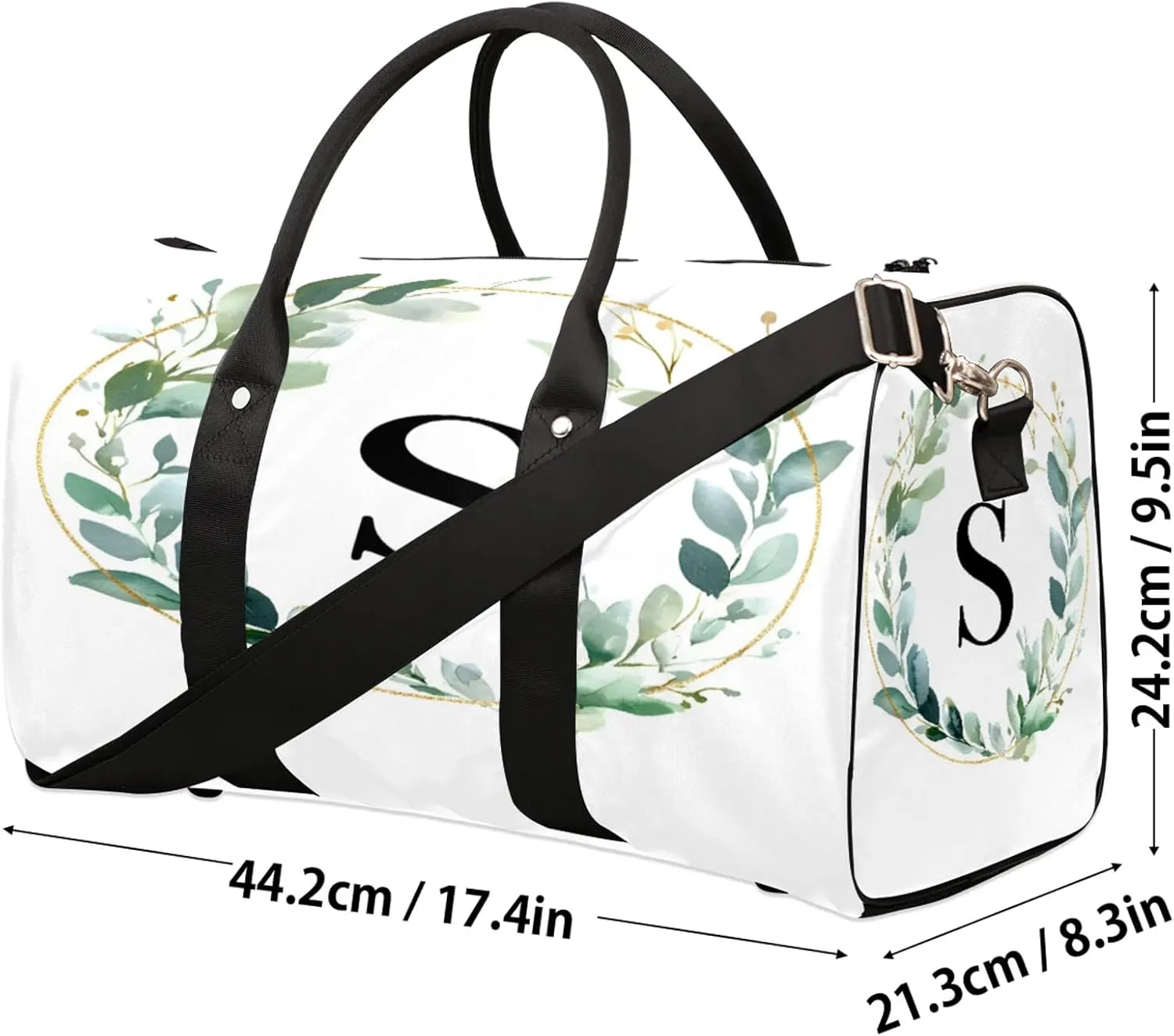 Letter S Duffle Bag for Travel, Overnight Weekend Gym Carry On Luggage Bag, Natural Floral Design Travel Duffel Bag for Men Women