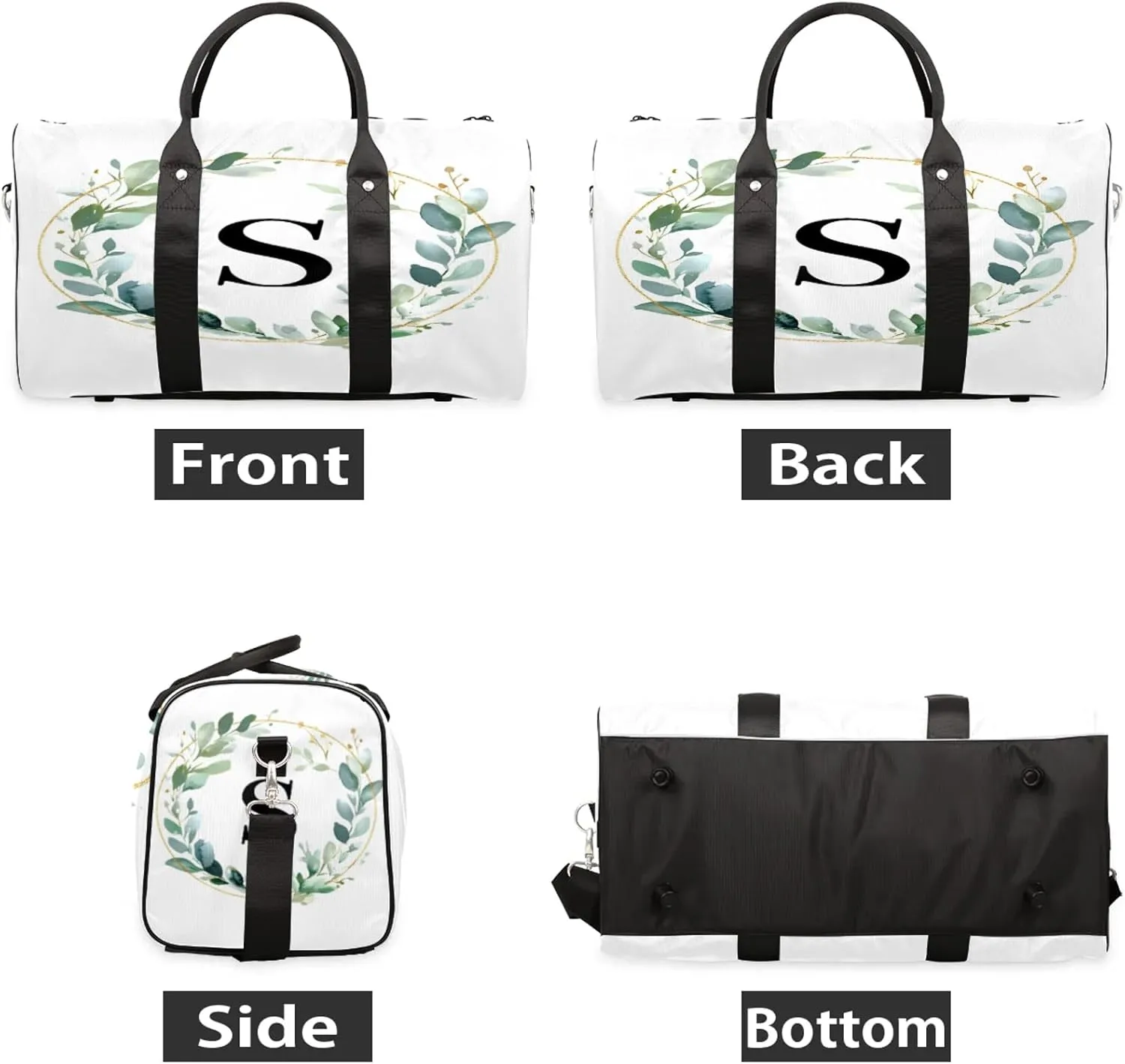 Letter S Duffle Bag for Travel, Overnight Weekend Gym Carry On Luggage Bag, Natural Floral Design Travel Duffel Bag for Men Women