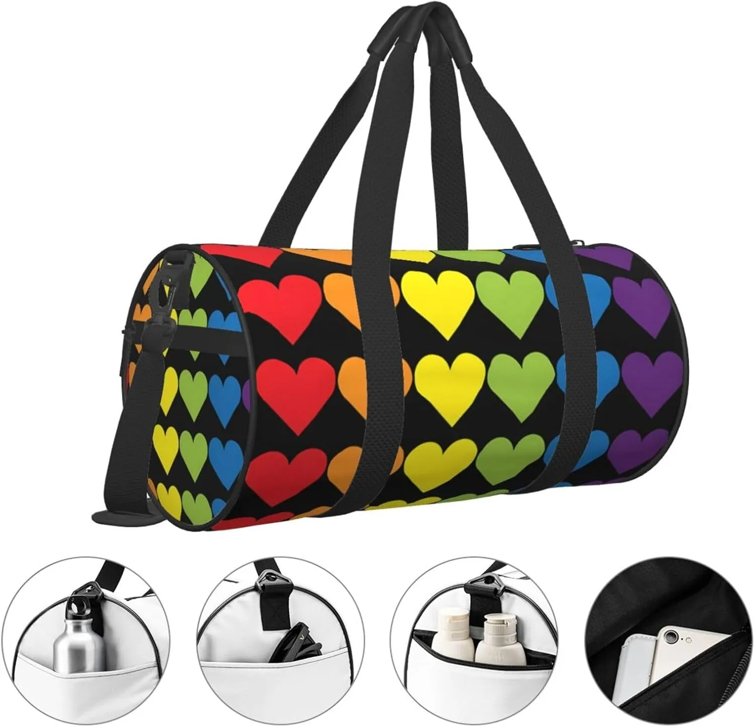 LGBT Pride Rainbow Gay Hearts Round Travel Duffel Bag Large Capacity Gym Sports Bags for Hiking Vacation Trips