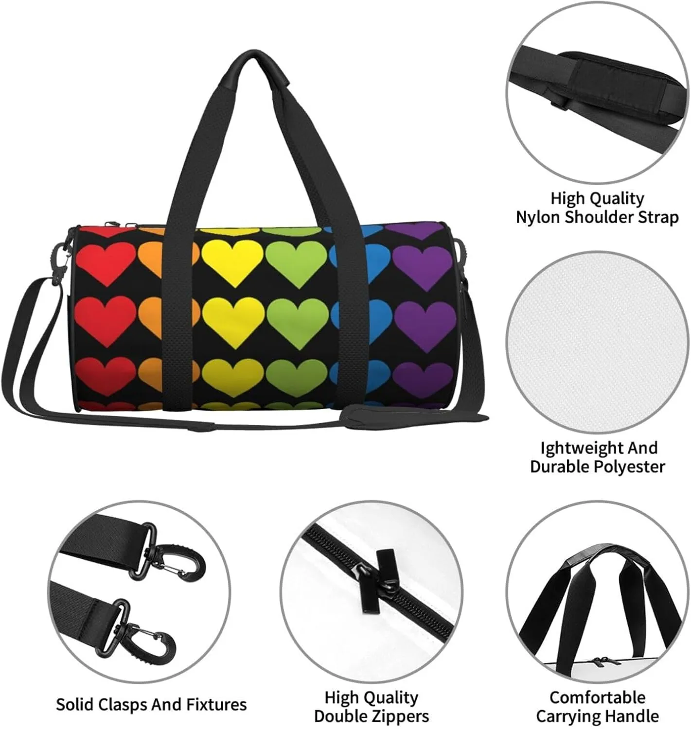 LGBT Pride Rainbow Gay Hearts Round Travel Duffel Bag Large Capacity Gym Sports Bags for Hiking Vacation Trips