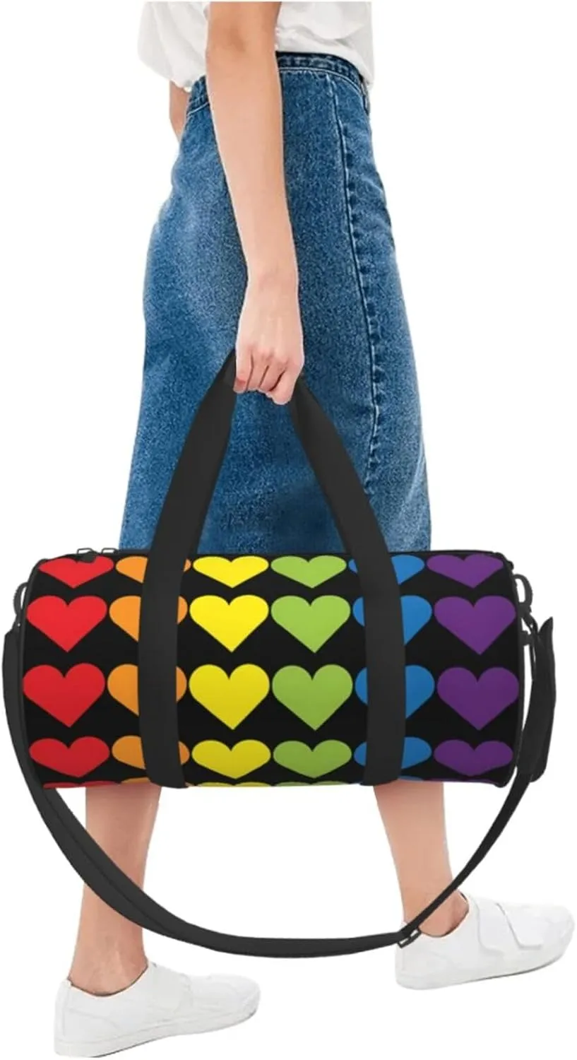 LGBT Pride Rainbow Gay Hearts Round Travel Duffel Bag Large Capacity Gym Sports Bags for Hiking Vacation Trips