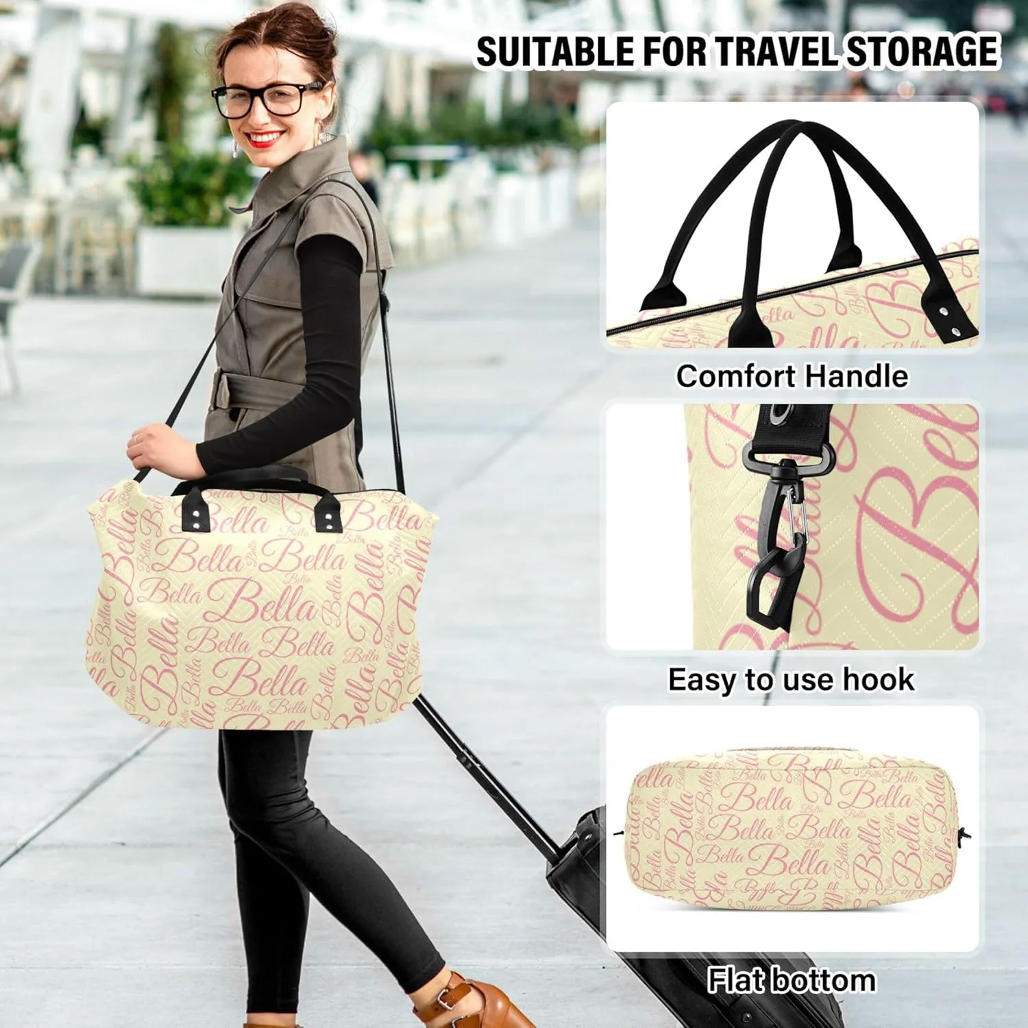 Light Yellow Custom Name Travel Duffel Bag with Toiletry Bag Personalized Weekender Bag for Travel Business Sports Large Overnight Carry On Bag for Women & Men
