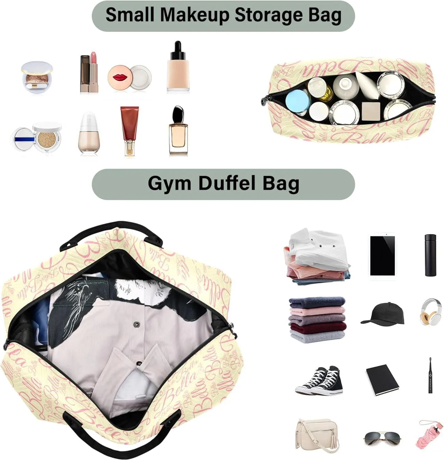 Light Yellow Custom Name Travel Duffel Bag with Toiletry Bag Personalized Weekender Bag for Travel Business Sports Large Overnight Carry On Bag for Women & Men