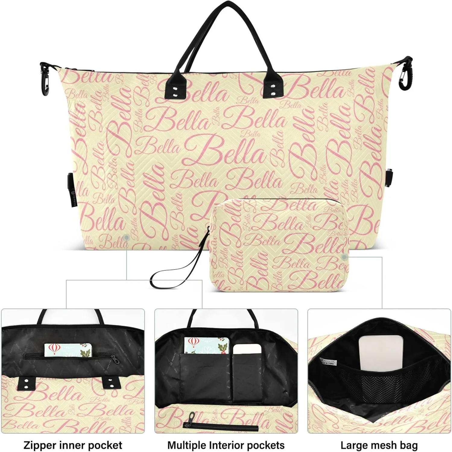 Light Yellow Custom Name Travel Duffel Bag with Toiletry Bag Personalized Weekender Bag for Travel Business Sports Large Overnight Carry On Bag for Women & Men
