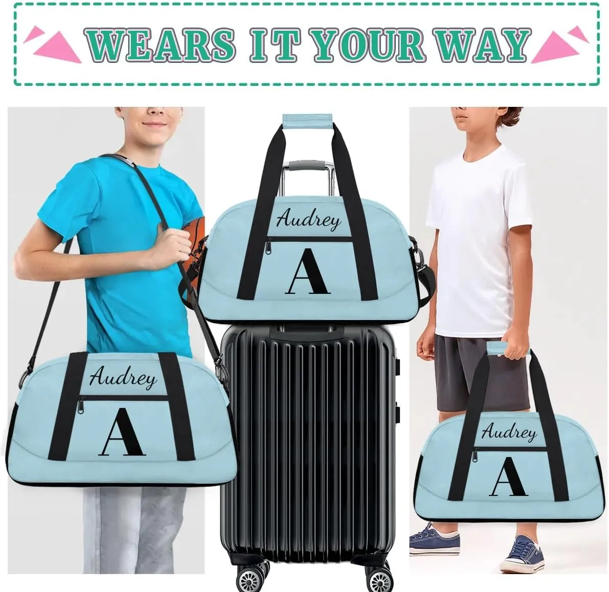 Lightblue Custom Gym Bag for Women Men, Personalized Initial Travel Duffel Bag with Name, Small Sports Gym Bag Weekender Carry On Overnight Bags