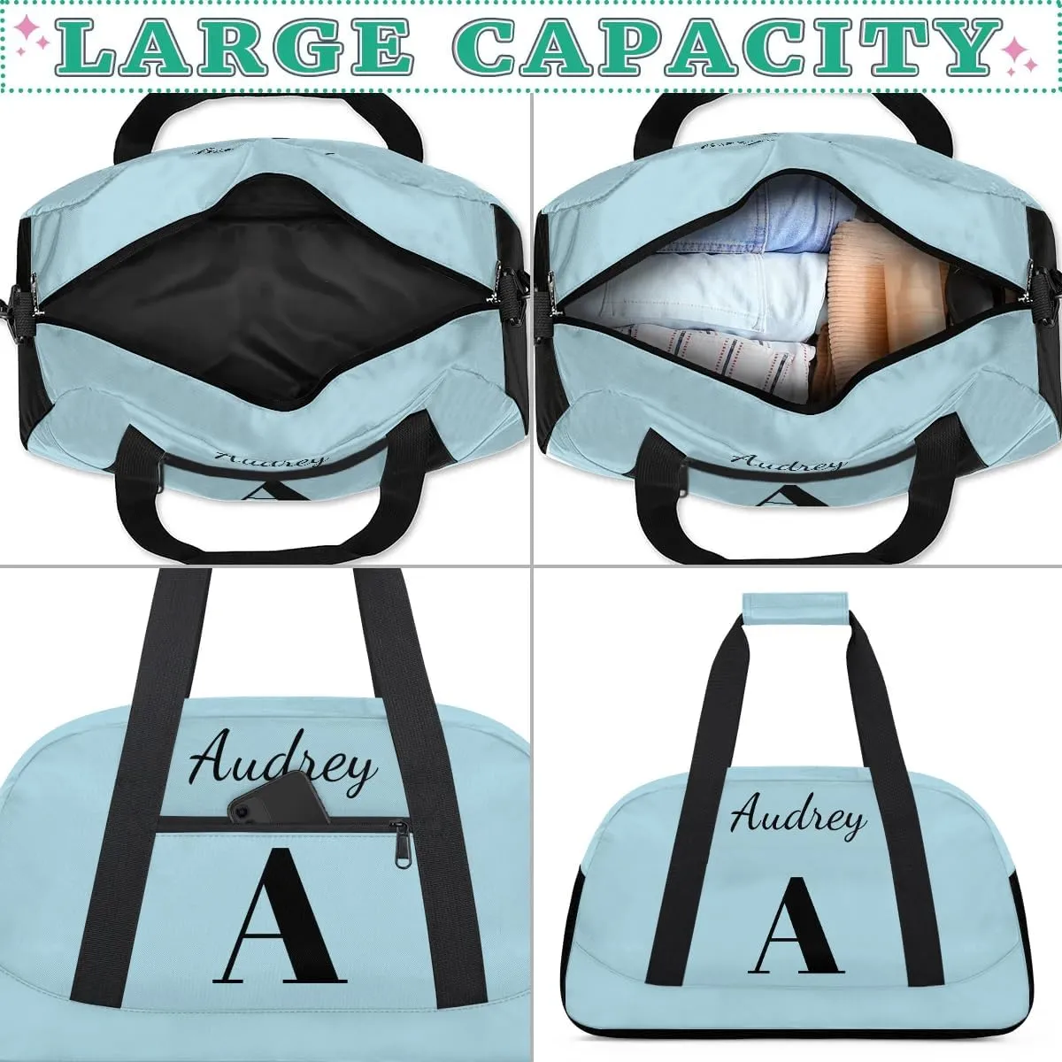 Lightblue Custom Gym Bag for Women Men, Personalized Initial Travel Duffel Bag with Name, Small Sports Gym Bag Weekender Carry On Overnight Bags