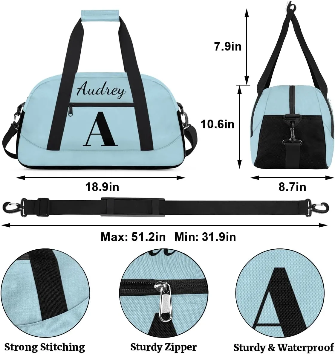 Lightblue Custom Gym Bag for Women Men, Personalized Initial Travel Duffel Bag with Name, Small Sports Gym Bag Weekender Carry On Overnight Bags