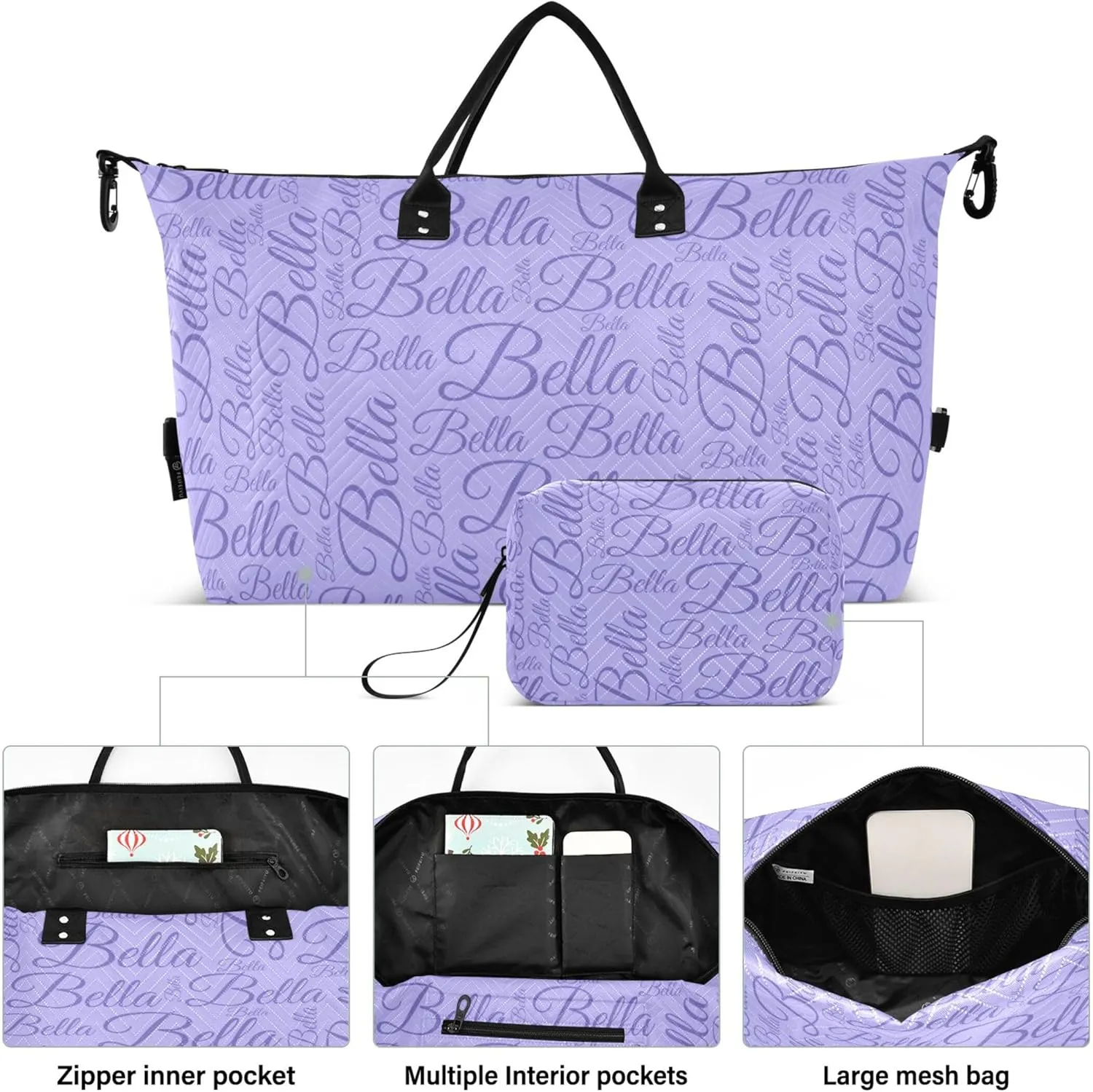 Lilac Custom Name Travel Duffel Bag with Toiletry Bag Personalized Weekender Bag for Travel Business Sports Large Overnight Bag Gym Duffel Bag for Women & Men