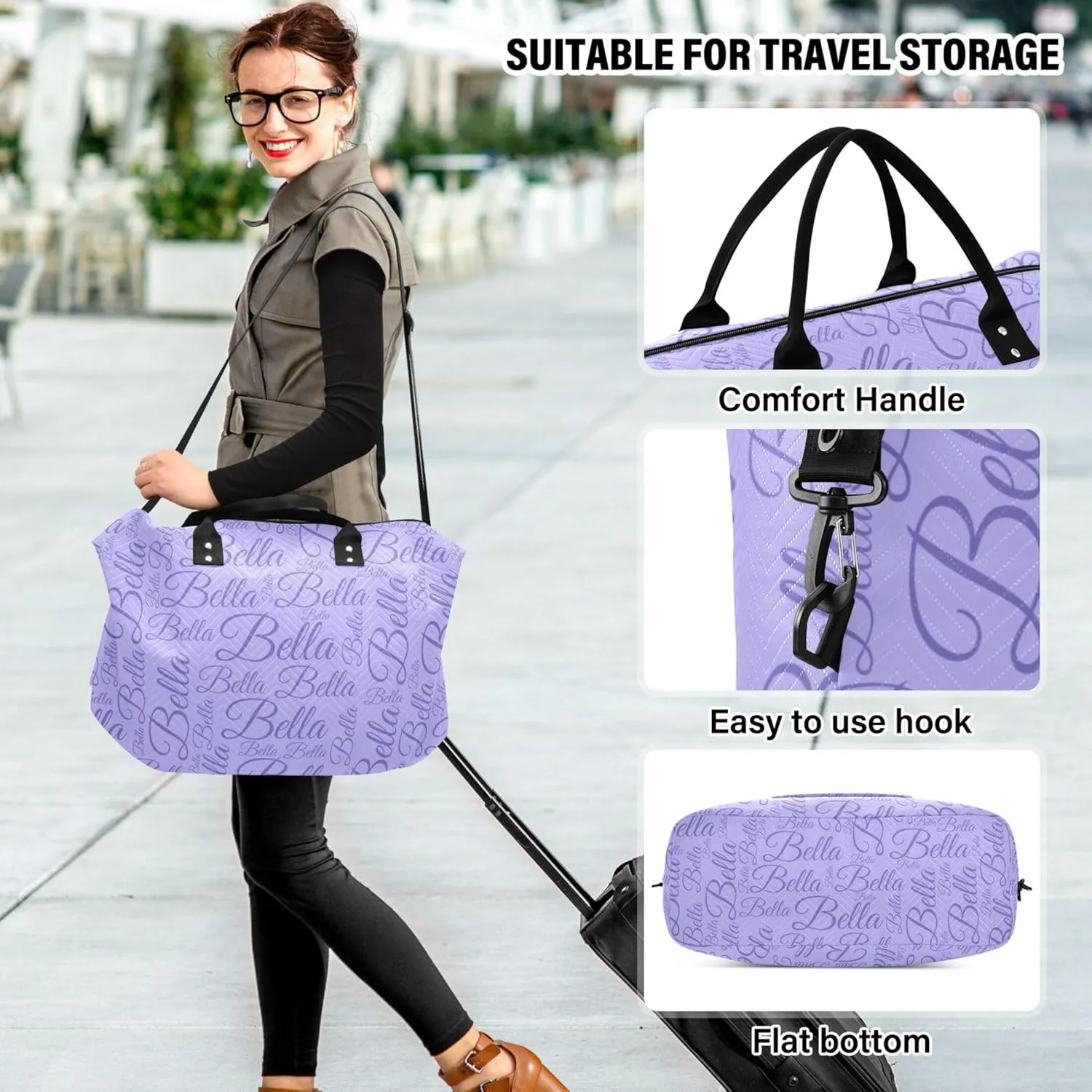Lilac Custom Name Travel Duffel Bag with Toiletry Bag Personalized Weekender Bag for Travel Business Sports Large Overnight Bag Gym Duffel Bag for Women & Men