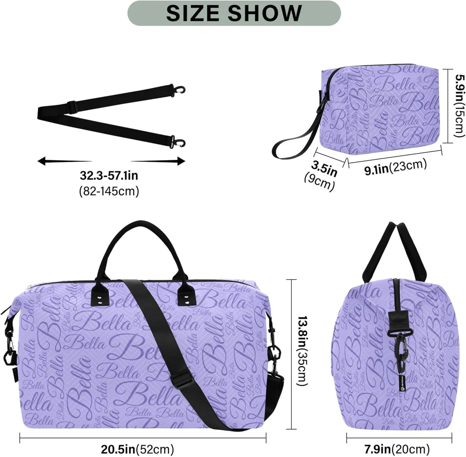 Lilac Custom Name Travel Duffel Bag with Toiletry Bag Personalized Weekender Bag for Travel Business Sports Large Overnight Bag Gym Duffel Bag for Women & Men