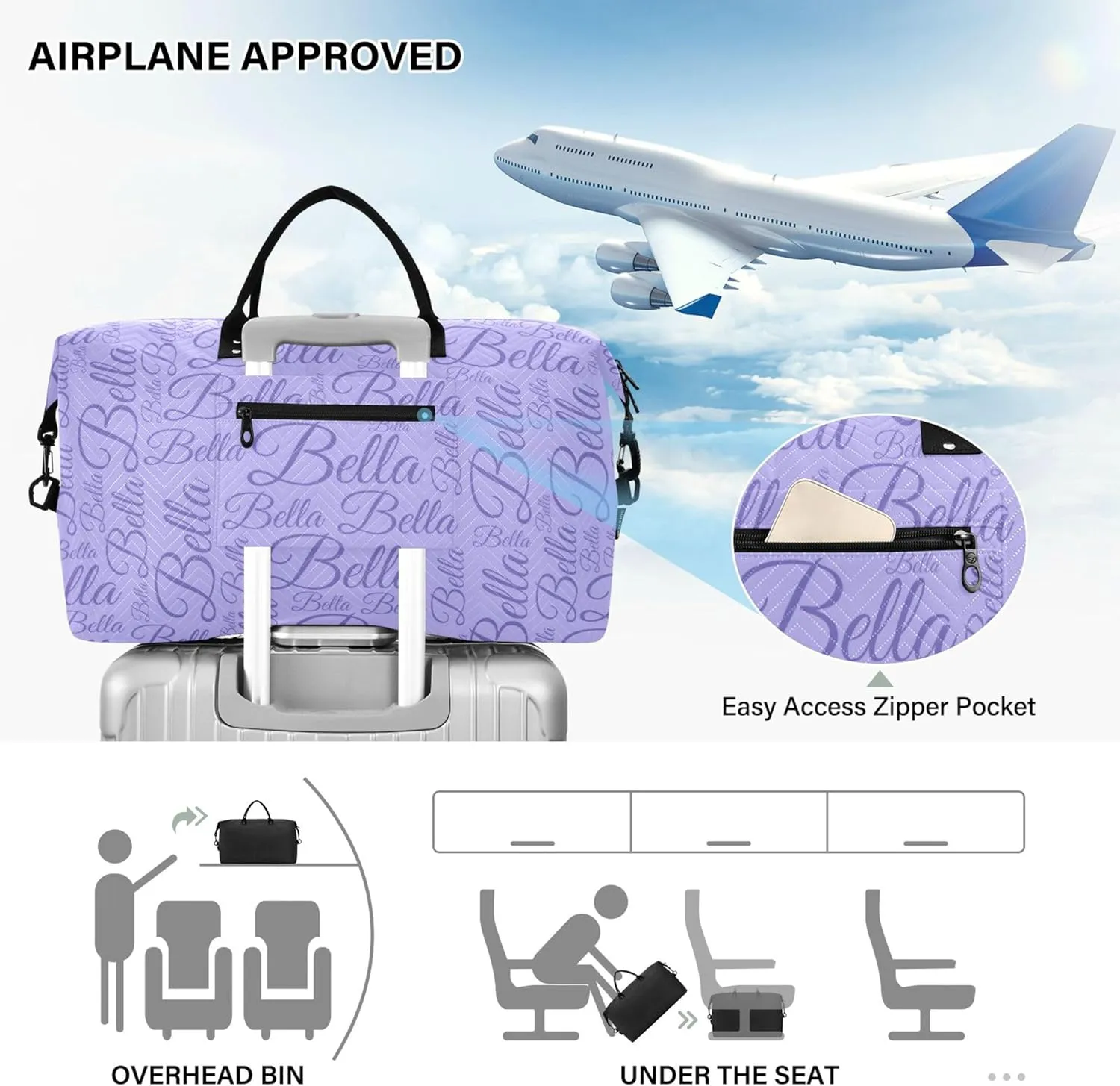 Lilac Custom Name Travel Duffel Bag with Toiletry Bag Personalized Weekender Bag for Travel Business Sports Large Overnight Bag Gym Duffel Bag for Women & Men
