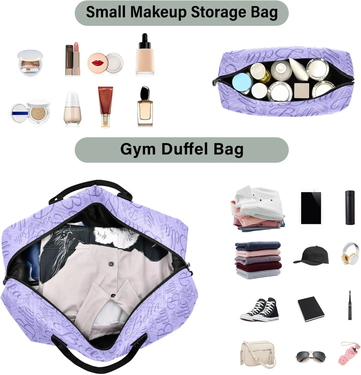 Lilac Custom Name Travel Duffel Bag with Toiletry Bag Personalized Weekender Bag for Travel Business Sports Large Overnight Bag Gym Duffel Bag for Women & Men
