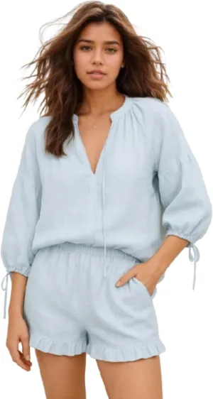 Linen Sets for Women 2 Piece V Neck Drawstring Long Sleeve Tops Casual Baggy Pleated Shorts Summer Vacation Outfits