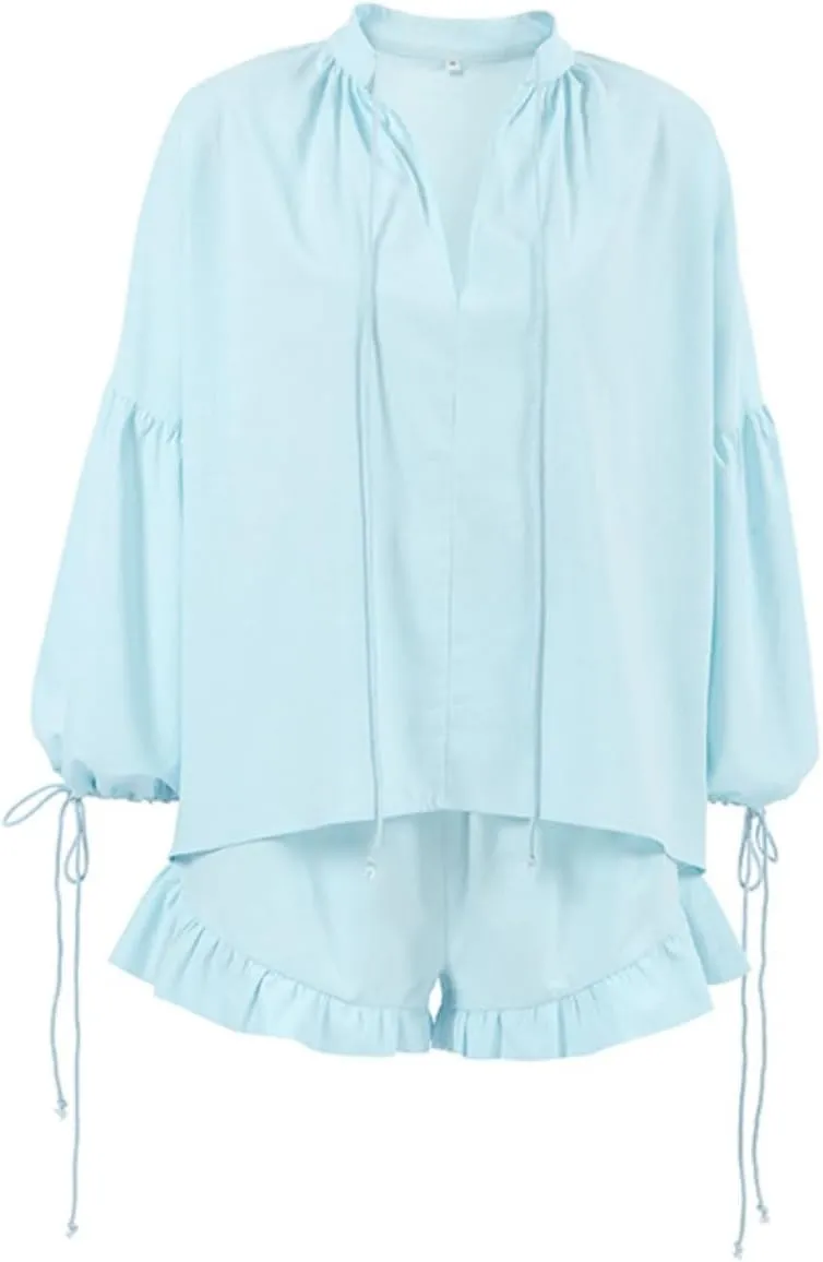 Linen Sets for Women 2 Piece V Neck Drawstring Long Sleeve Tops Casual Baggy Pleated Shorts Summer Vacation Outfits