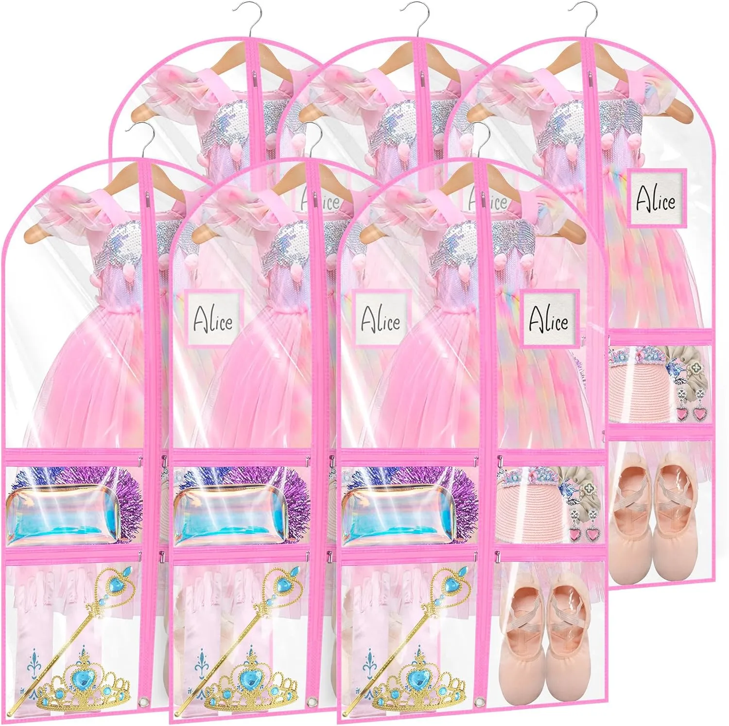 Linodes Dance Costume Bags Garment Bag 40''x22'' Waterproof for Dance Travel/Competition Storage with 2 Small, 2 Medium Clear Zipper Pockets and 1 Large Back Zipper Pocket-PVC (Pink-PVC, 40''- 6 Pack)