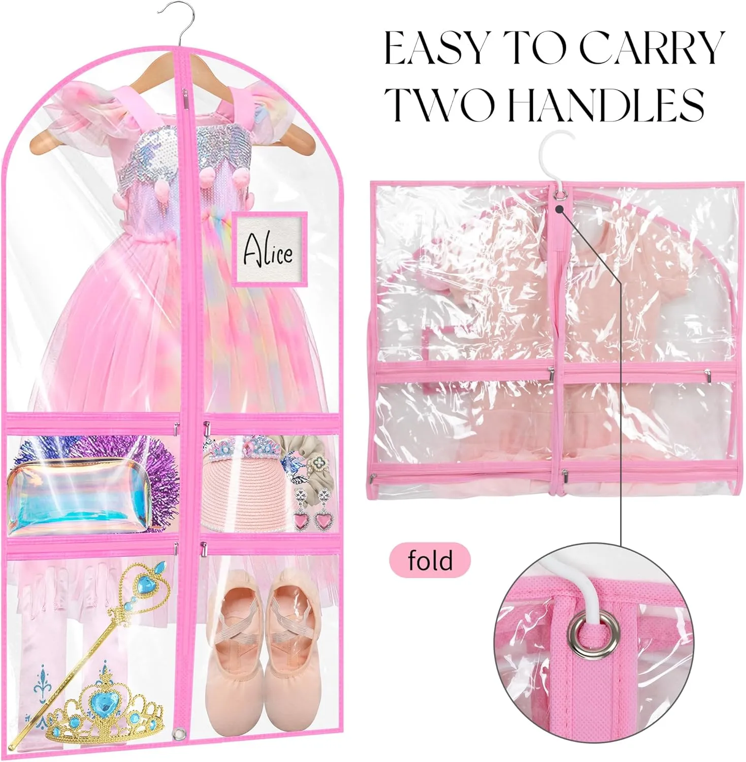 Linodes Dance Costume Bags Garment Bag 40''x22'' Waterproof for Dance Travel/Competition Storage with 2 Small, 2 Medium Clear Zipper Pockets and 1 Large Back Zipper Pocket-PVC (Pink-PVC, 40''- 6 Pack)